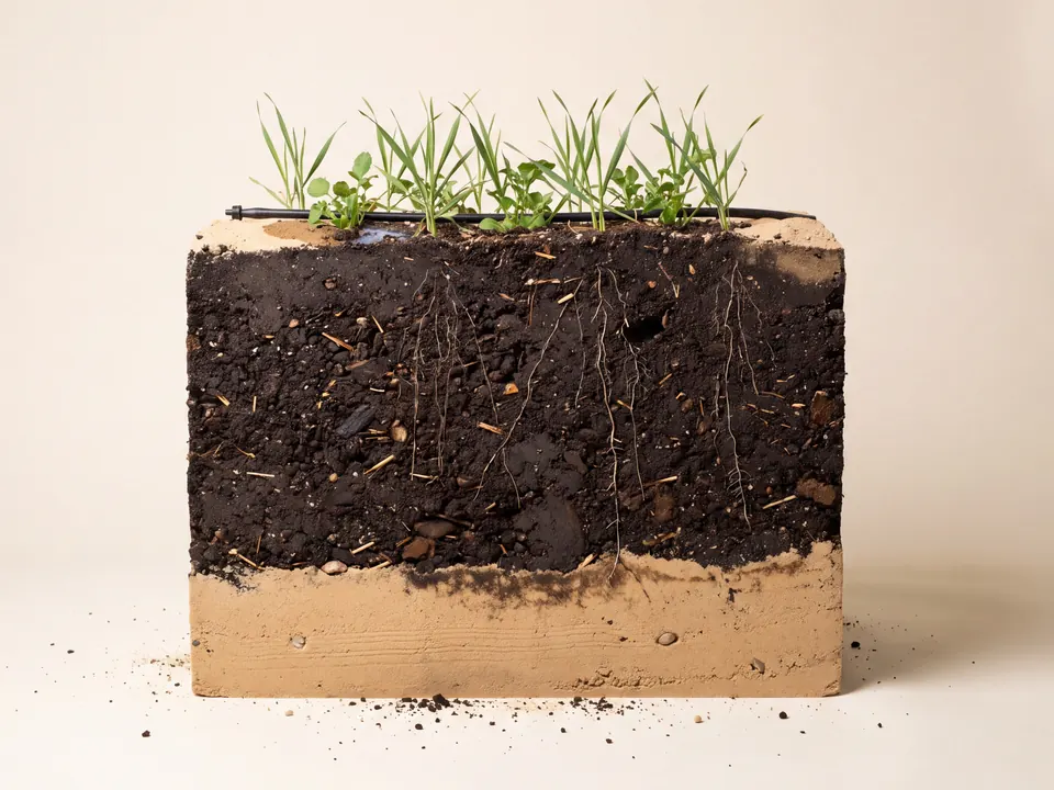Illustration of a cut block of soil: a thin pale sand base under a deep layer of dark productive soil, with roots and young plants