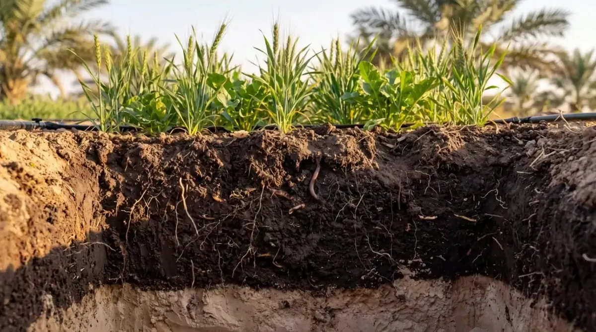 Illustration of life in fertile soil: a soil pit with crops above and dark living soil below, then a close look at roots, fine fungal threads, springtails and tiny mites