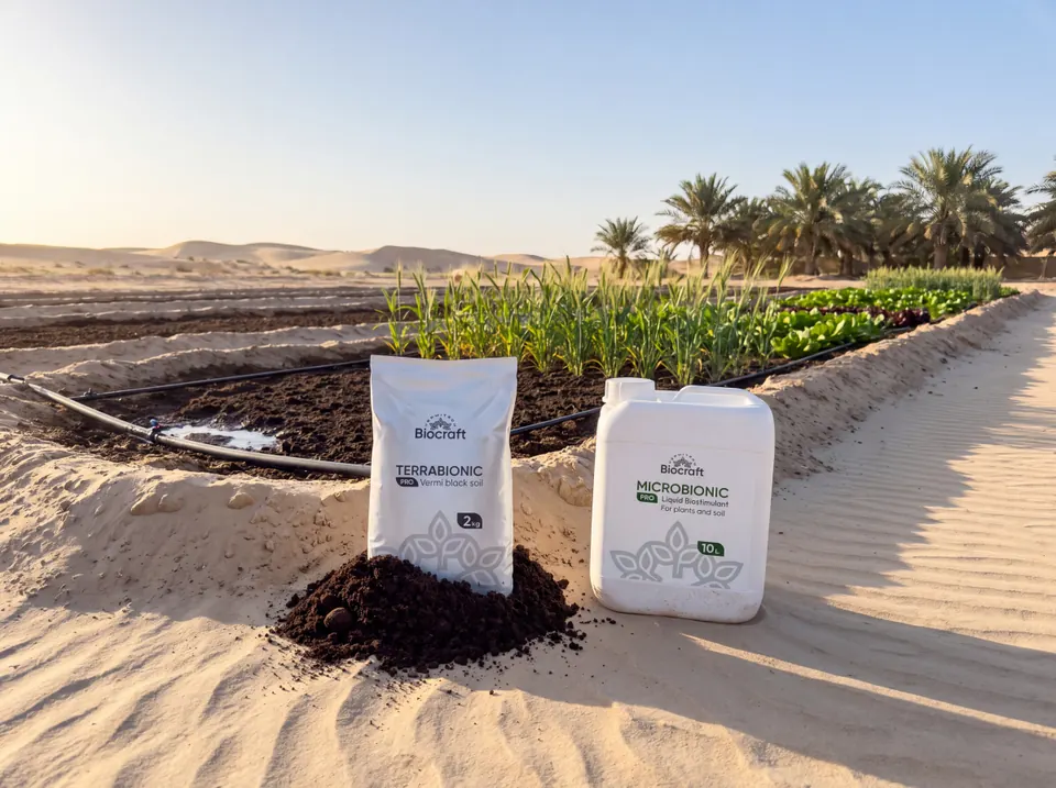 Terrabionic Pro and Microbionic Pro on the sand beside a growing bed, with crops and date palms behind